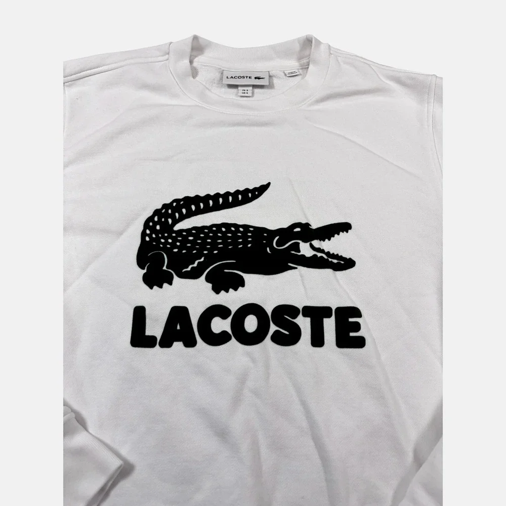 Lacoste Mens White Graphic Logo Crewneck Sweatshirt Green Crocodile Size S